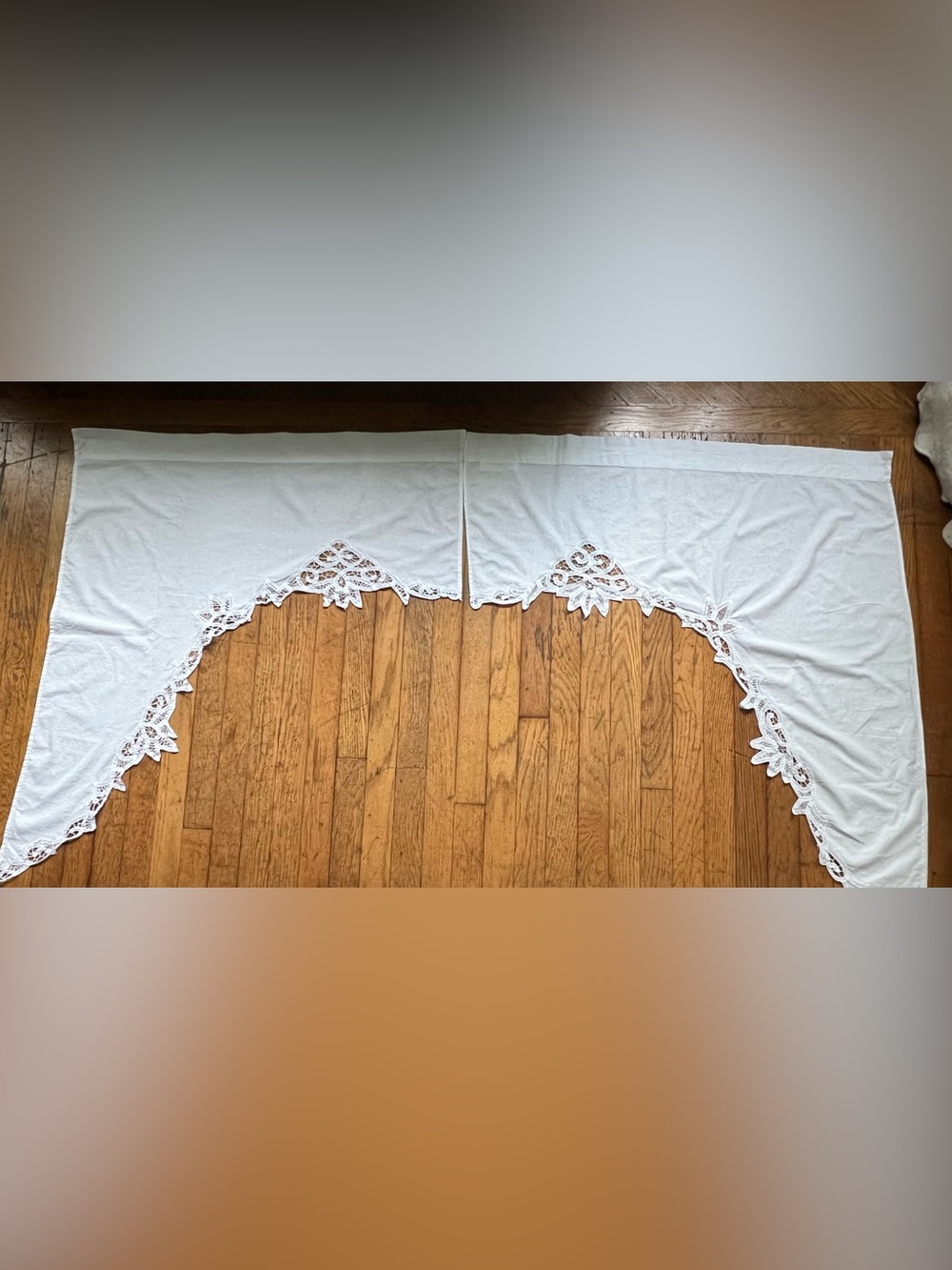 Pair of vintage white cotton, Battenburg lace, swag curtains.